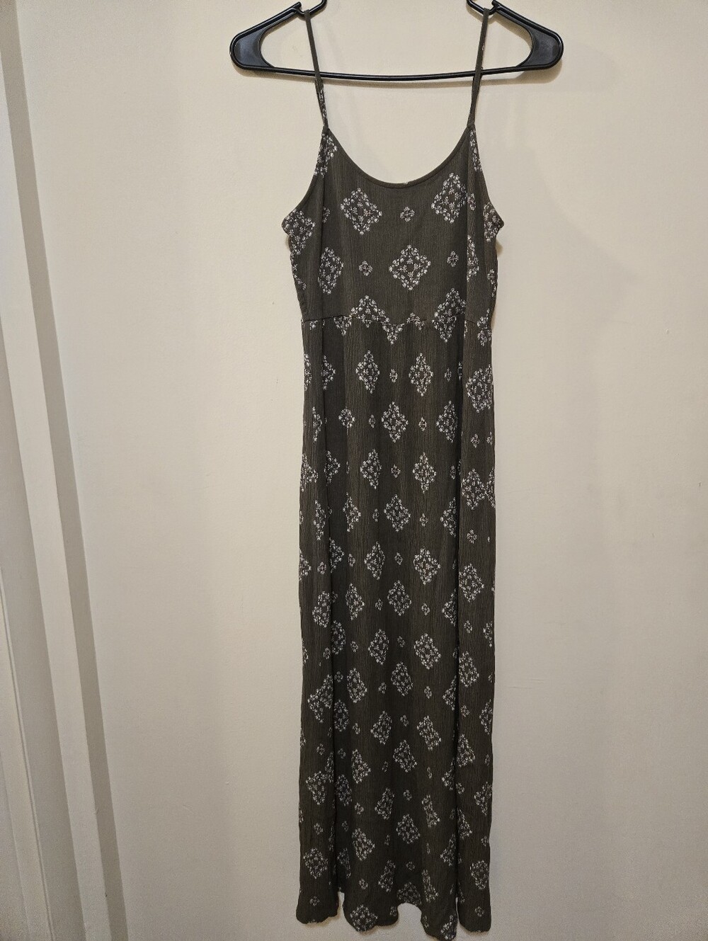 Olive Green Patterned Spaghetti Strap Maxi Dress. Size XS